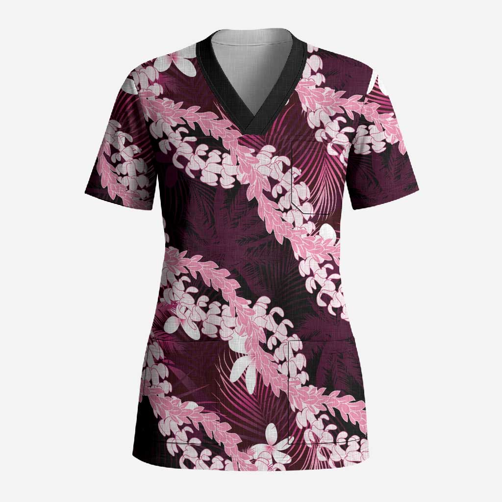 Puakenikeni Maile Lei Scrub Top Frangipani Pink Tropical Leaves LT01 Adult Pink - Polynesian Pride