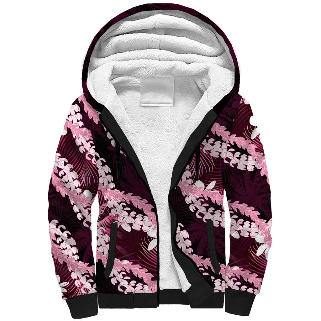 Puakenikeni Maile Lei Sherpa Hoodie Frangipani Pink Tropical Leaves