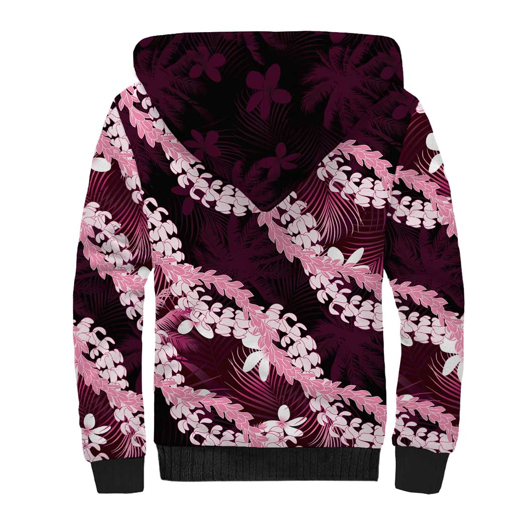 Puakenikeni Maile Lei Sherpa Hoodie Frangipani Pink Tropical Leaves