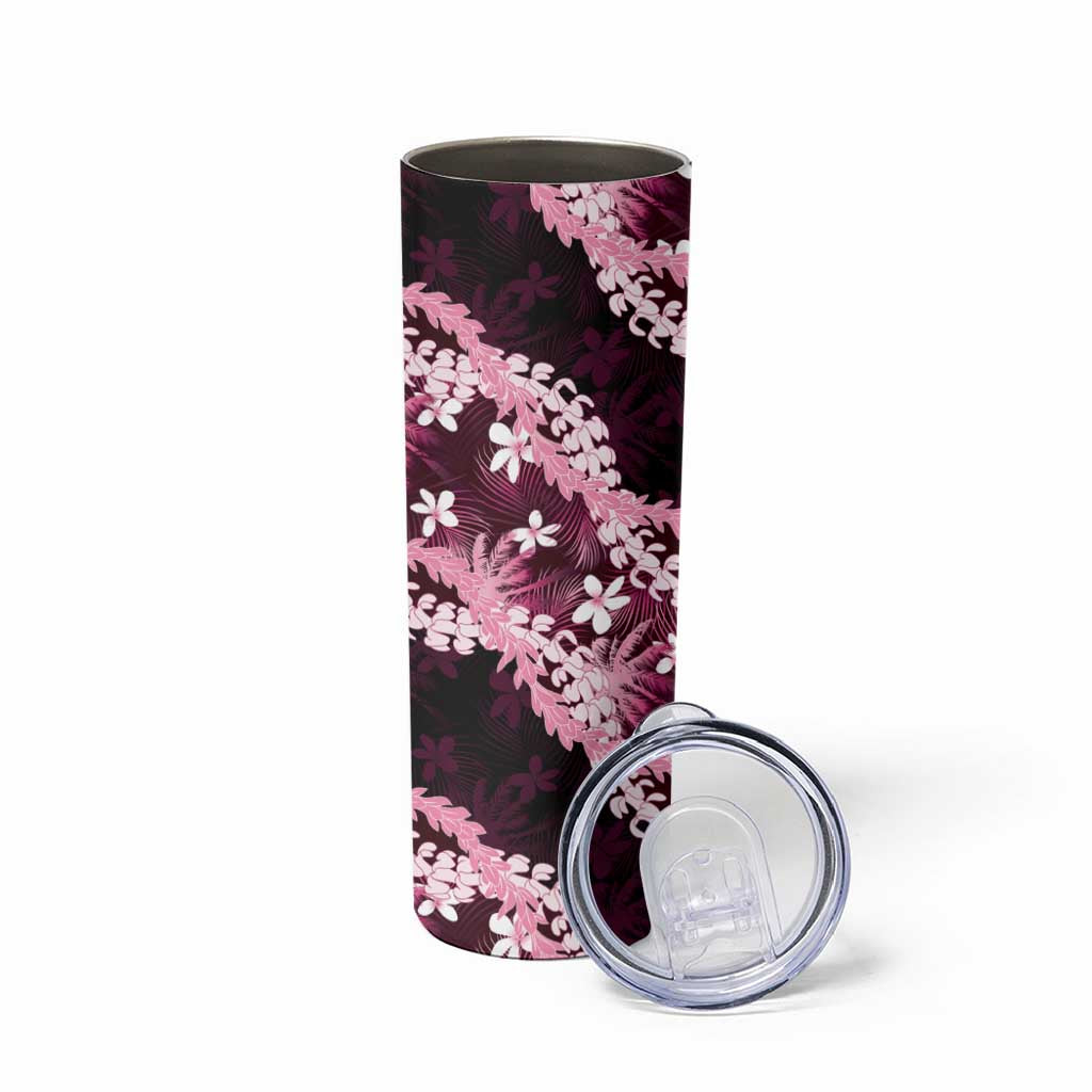 Puakenikeni Maile Lei Skinny Tumbler Frangipani Pink Tropical Leaves