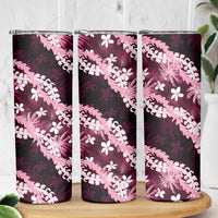 Puakenikeni Maile Lei Skinny Tumbler Frangipani Pink Tropical Leaves
