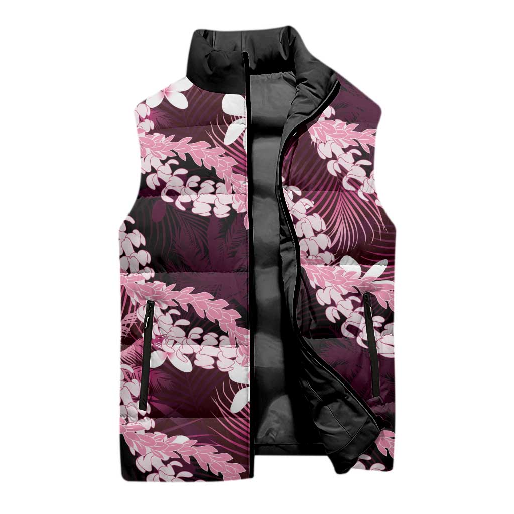 Puakenikeni Maile Lei Sleeveless Puffer Jacket Frangipani Pink Tropical Leaves