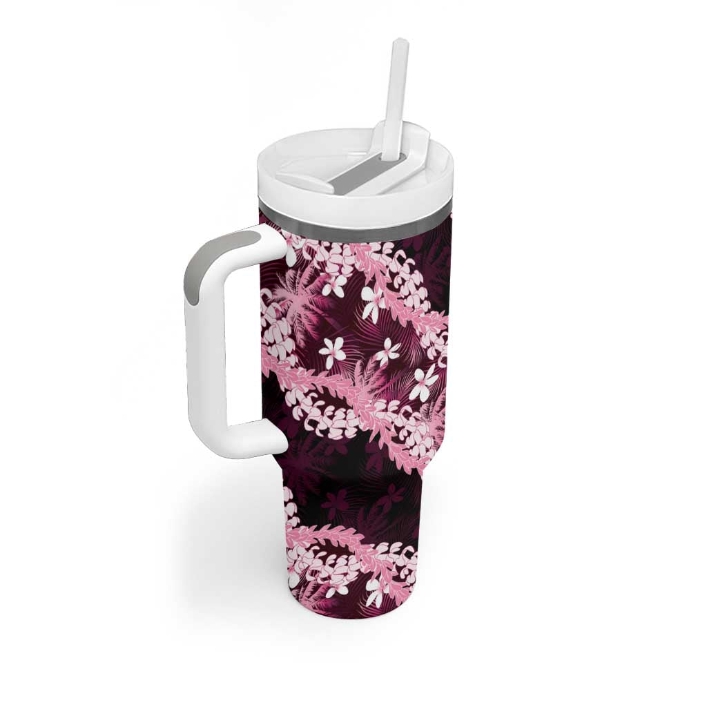 Puakenikeni Maile Lei Tumbler With Handle Frangipani Pink Tropical Leaves