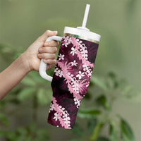 Puakenikeni Maile Lei Tumbler With Handle Frangipani Pink Tropical Leaves