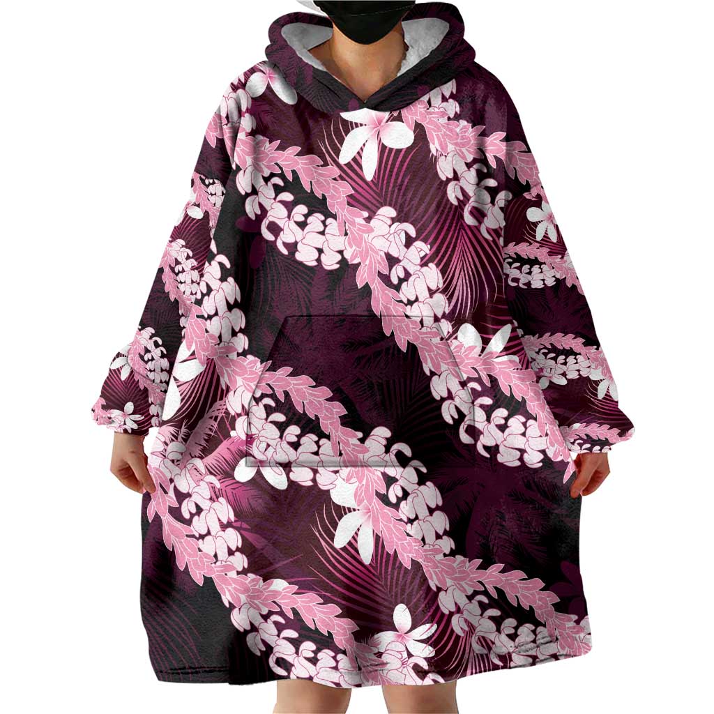 Puakenikeni Maile Lei Wearable Blanket Hoodie Frangipani Pink Tropical Leaves LT01 - Polynesian Pride