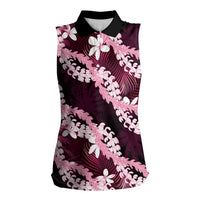 Puakenikeni Maile Lei Women Sleeveless Polo Shirt Frangipani Pink Tropical Leaves