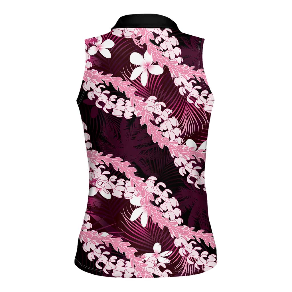 Puakenikeni Maile Lei Women Sleeveless Polo Shirt Frangipani Pink Tropical Leaves