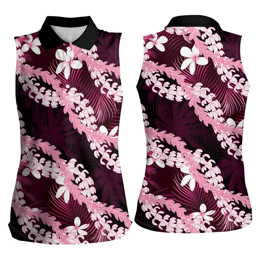 Puakenikeni Maile Lei Women Sleeveless Polo Shirt Frangipani Pink Tropical Leaves