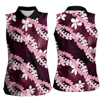 Puakenikeni Maile Lei Women Sleeveless Polo Shirt Frangipani Pink Tropical Leaves