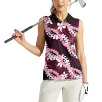 Puakenikeni Maile Lei Women Sleeveless Polo Shirt Frangipani Pink Tropical Leaves