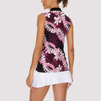 Puakenikeni Maile Lei Women Sleeveless Polo Shirt Frangipani Pink Tropical Leaves