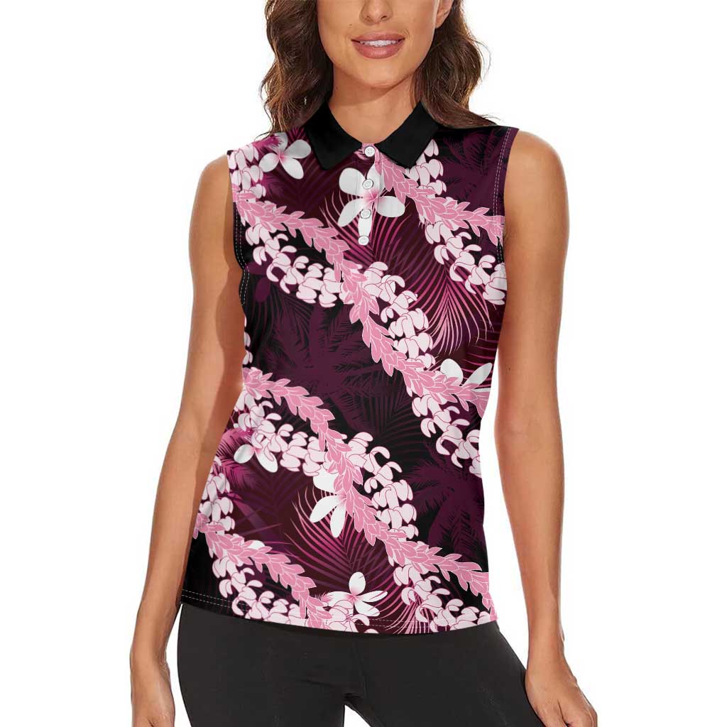Puakenikeni Maile Lei Women Sleeveless Polo Shirt Frangipani Pink Tropical Leaves