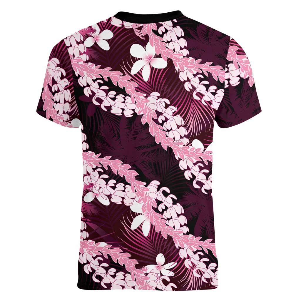 Puakenikeni Maile Lei Women V-Neck T-Shirt Frangipani Pink Tropical Leaves