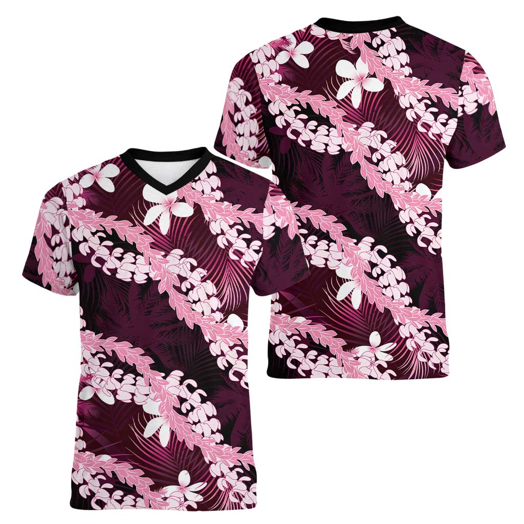 Puakenikeni Maile Lei Women V-Neck T-Shirt Frangipani Pink Tropical Leaves
