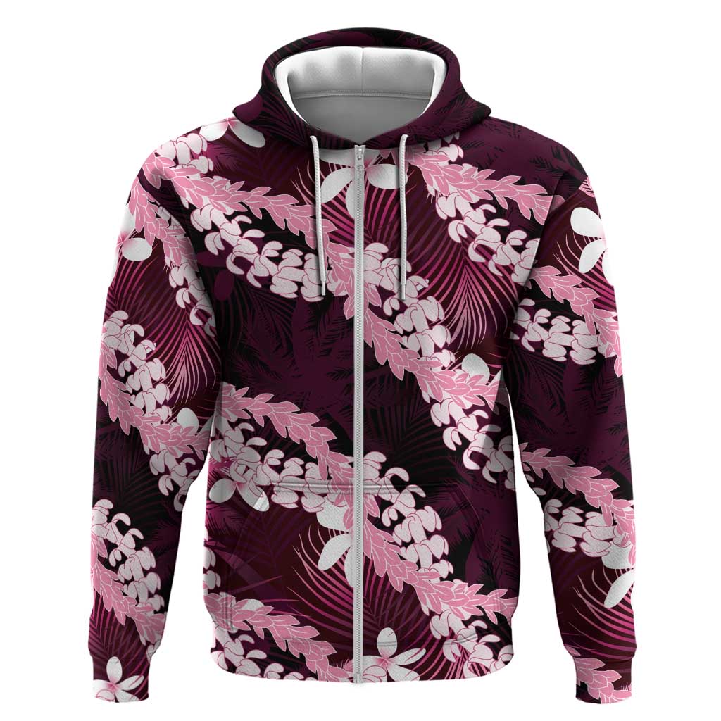 Puakenikeni Maile Lei Zip Hoodie Frangipani Pink Tropical Leaves