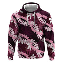 Puakenikeni Maile Lei Zip Hoodie Frangipani Pink Tropical Leaves