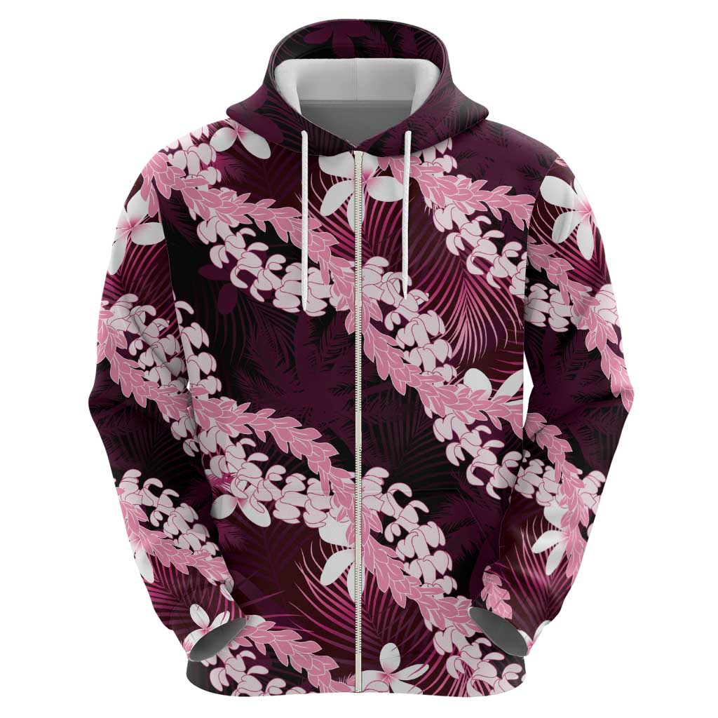 Puakenikeni Maile Lei Zip Hoodie Frangipani Pink Tropical Leaves