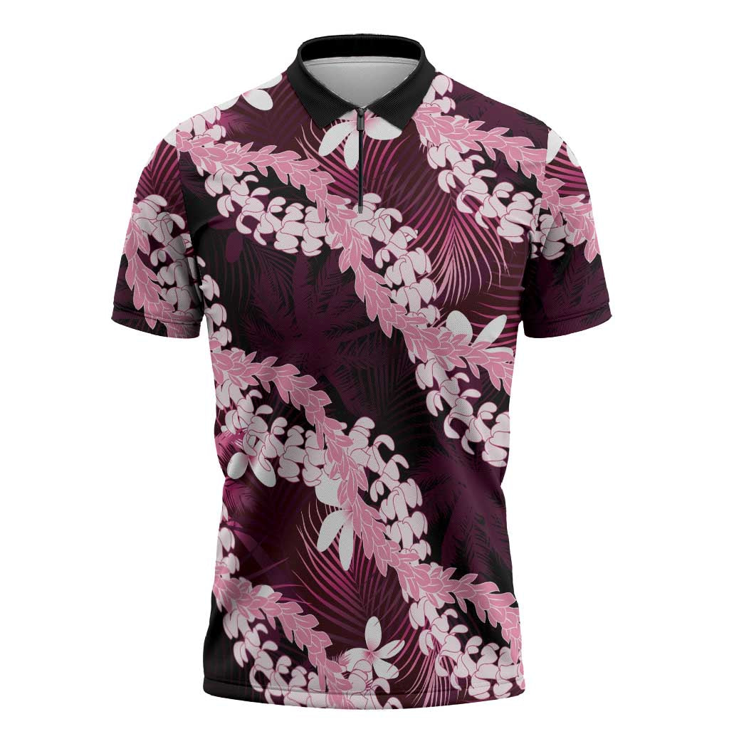 Puakenikeni Maile Lei Zipper Polo Shirt Frangipani Pink Tropical Leaves LT01 Pink - Polynesian Pride