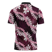 Puakenikeni Maile Lei Zipper Polo Shirt Frangipani Pink Tropical Leaves LT01 - Polynesian Pride