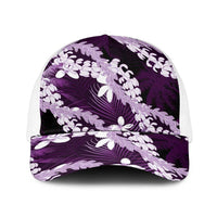 Puakenikeni Maile Lei Baseball Net Cap Frangipani Purple Tropical Leaves LT01 One Size White Purple - Polynesian Pride