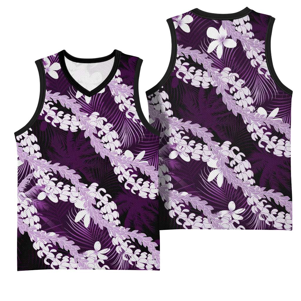 Puakenikeni Maile Lei Basketball Jersey Frangipani Purple Tropical Leaves