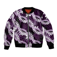 Puakenikeni Maile Lei Bomber Jacket Frangipani Purple Tropical Leaves
