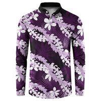 Puakenikeni Maile Lei Button Sweatshirt Frangipani Purple Tropical Leaves