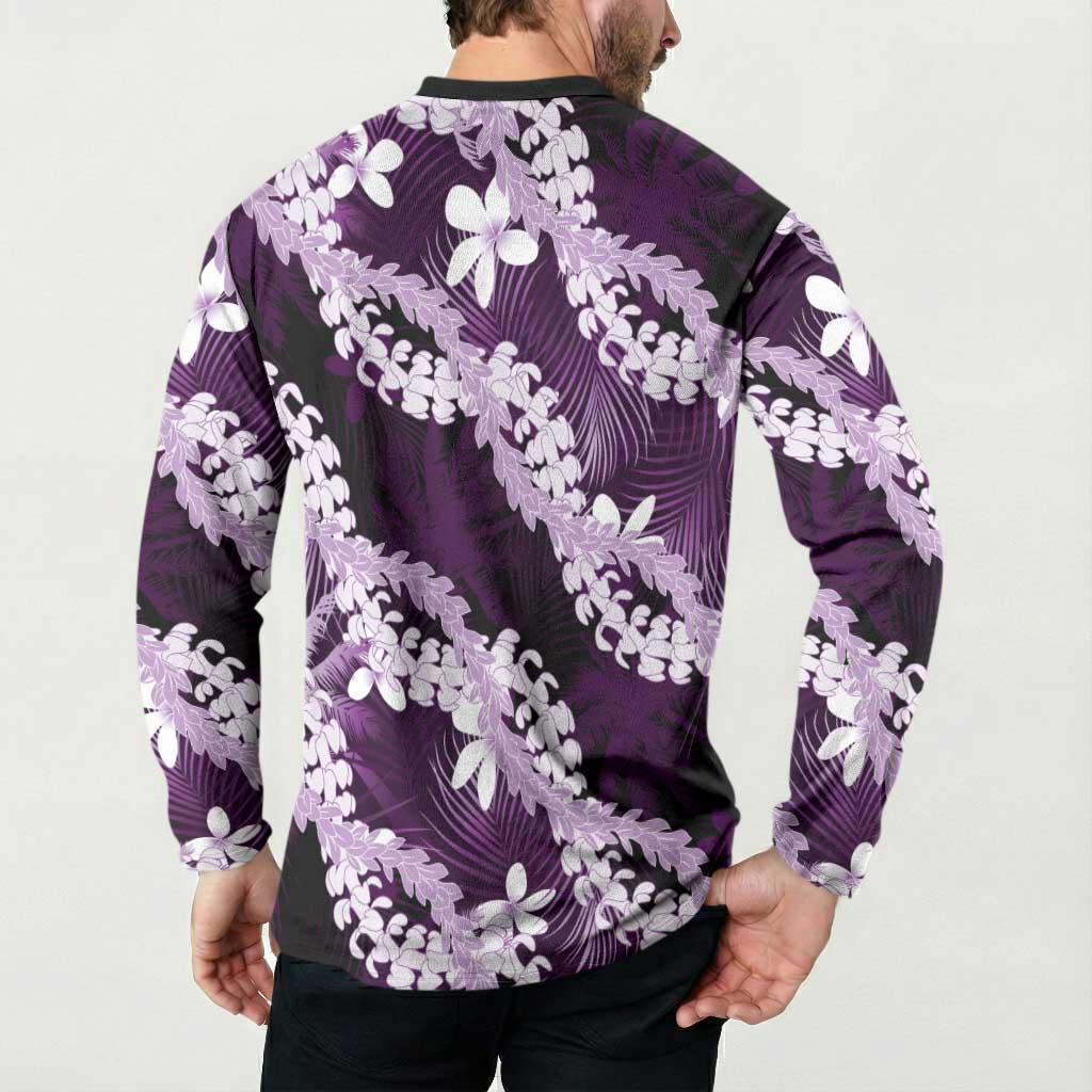 Puakenikeni Maile Lei Button Sweatshirt Frangipani Purple Tropical Leaves