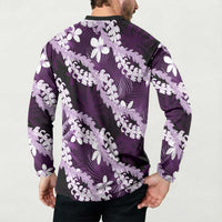 Puakenikeni Maile Lei Button Sweatshirt Frangipani Purple Tropical Leaves