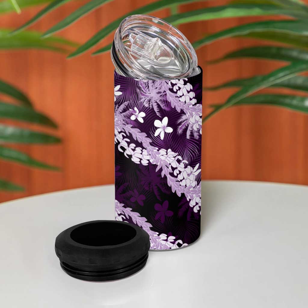 Puakenikeni Maile Lei 4 in 1 Can Cooler Tumbler Frangipani Purple Tropical Leaves LT01 - Polynesian Pride