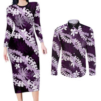 Puakenikeni Maile Lei Couples Matching Long Sleeve Bodycon Dress and Long Sleeve Button Shirt Frangipani Purple Tropical Leaves
