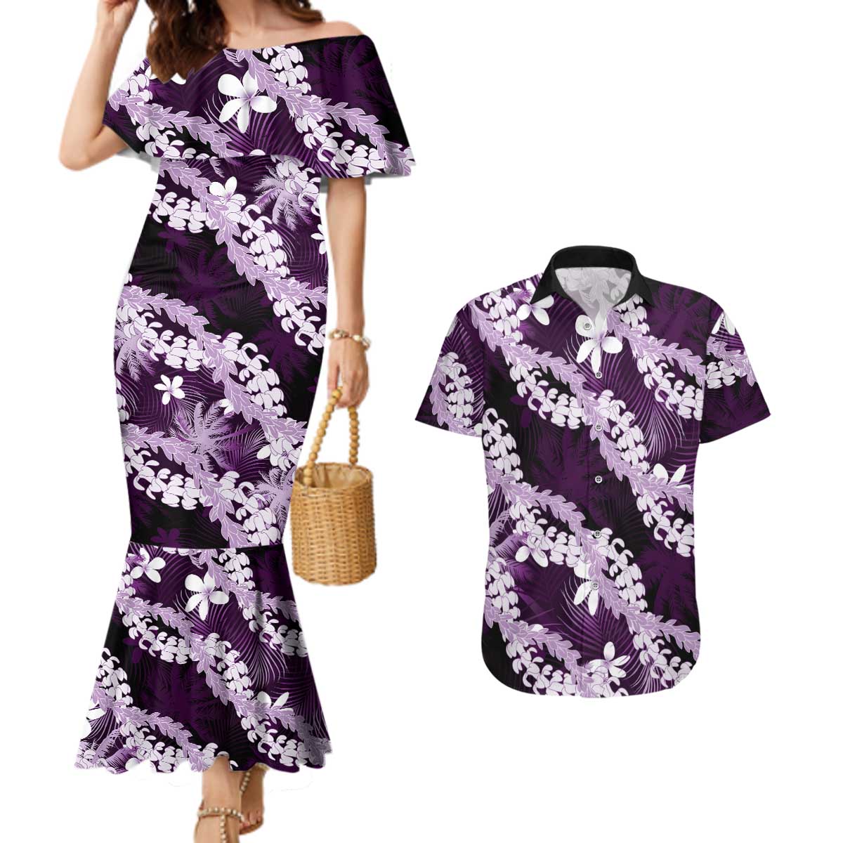 Puakenikeni Maile Lei Couples Matching Mermaid Dress and Hawaiian Shirt Frangipani Purple Tropical Leaves