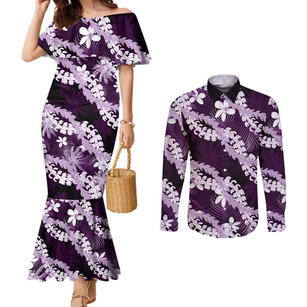 Puakenikeni Maile Lei Couples Matching Mermaid Dress and Long Sleeve Button Shirt Frangipani Purple Tropical Leaves LT01 Purple - Polynesian Pride