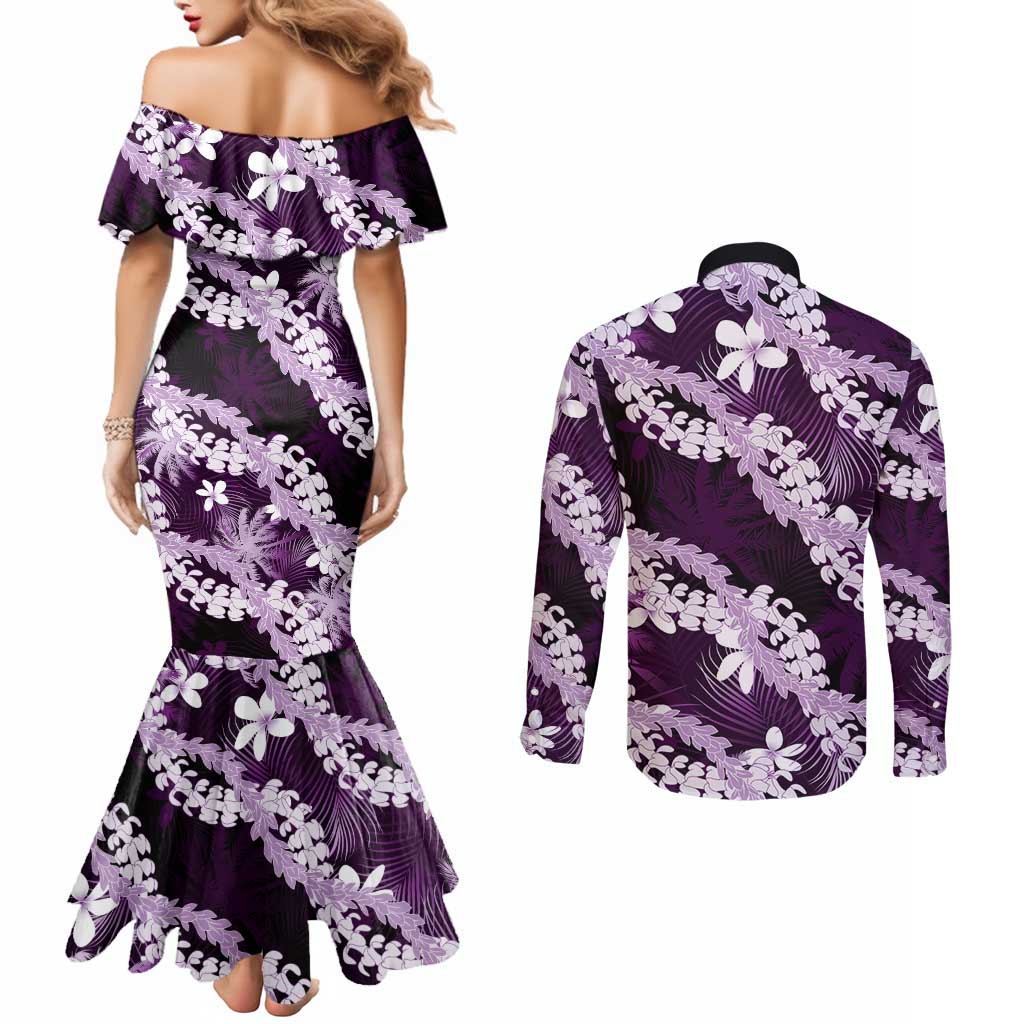 Puakenikeni Maile Lei Couples Matching Mermaid Dress and Long Sleeve Button Shirt Frangipani Purple Tropical Leaves LT01 - Polynesian Pride