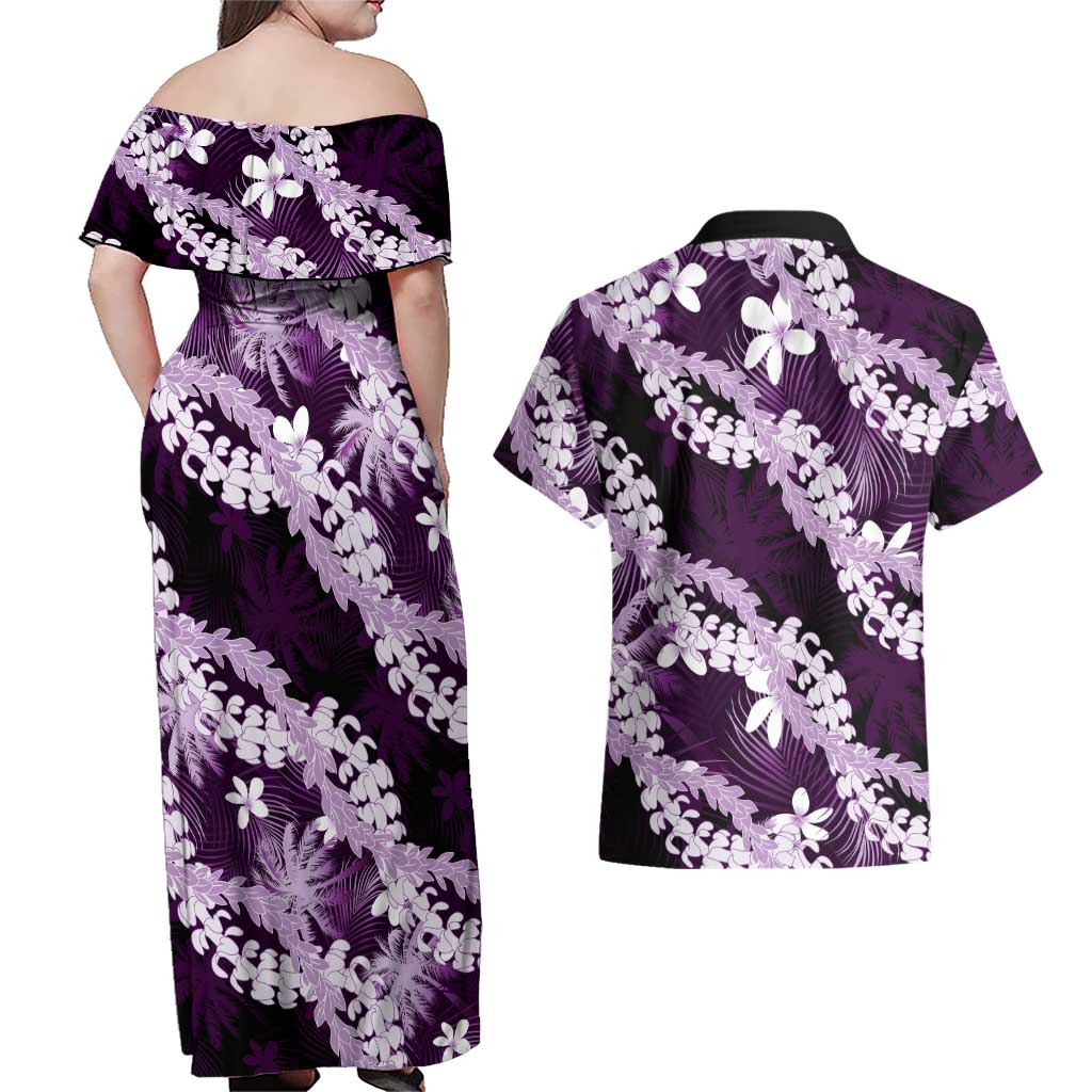 Puakenikeni Maile Lei Couples Matching Off Shoulder Maxi Dress and Hawaiian Shirt Frangipani Purple Tropical Leaves