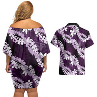 Puakenikeni Maile Lei Couples Matching Off Shoulder Short Dress and Hawaiian Shirt Frangipani Purple Tropical Leaves