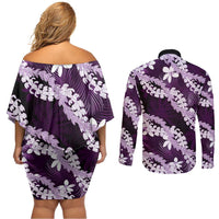 Puakenikeni Maile Lei Couples Matching Off Shoulder Short Dress and Long Sleeve Button Shirt Frangipani Purple Tropical Leaves