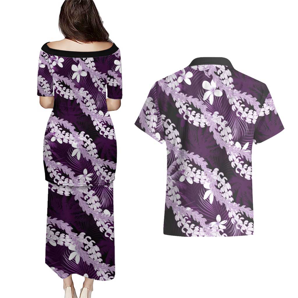 Puakenikeni Maile Lei Couples Matching Puletasi and Hawaiian Shirt Frangipani Purple Tropical Leaves