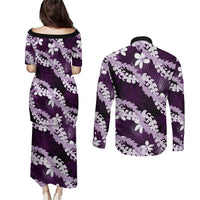 Puakenikeni Maile Lei Couples Matching Puletasi and Long Sleeve Button Shirt Frangipani Purple Tropical Leaves LT01 - Polynesian Pride