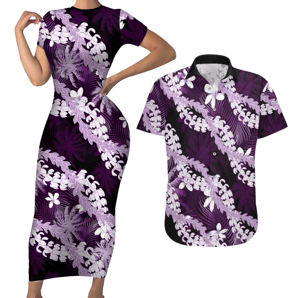 Puakenikeni Maile Lei Couples Matching Short Sleeve Bodycon Dress and Hawaiian Shirt Frangipani Purple Tropical Leaves
