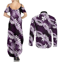 Puakenikeni Maile Lei Couples Matching Summer Maxi Dress and Long Sleeve Button Shirt Frangipani Purple Tropical Leaves