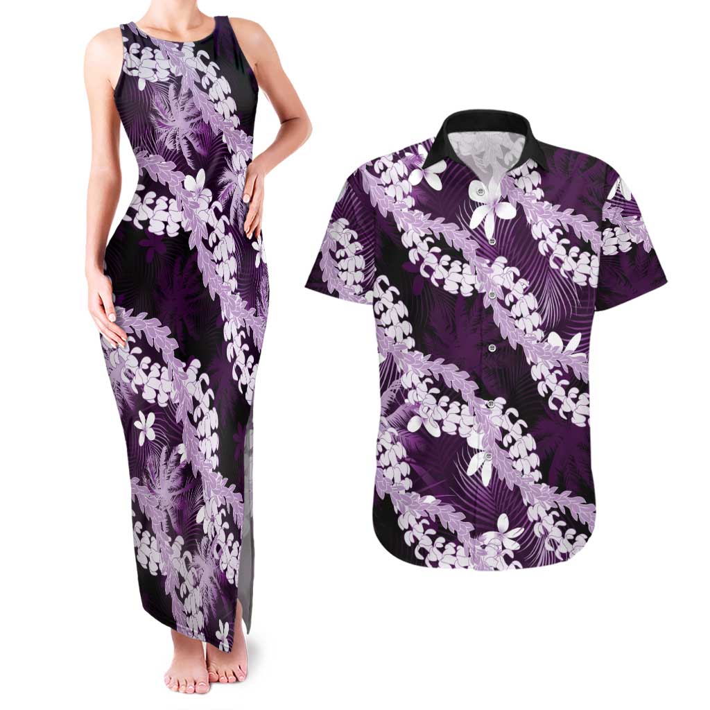 Puakenikeni Maile Lei Couples Matching Tank Maxi Dress and Hawaiian Shirt Frangipani Purple Tropical Leaves LT01 Purple - Polynesian Pride