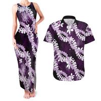 Puakenikeni Maile Lei Couples Matching Tank Maxi Dress and Hawaiian Shirt Frangipani Purple Tropical Leaves LT01 Purple - Polynesian Pride