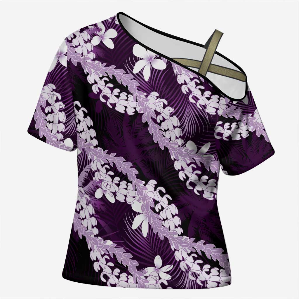 Puakenikeni Maile Lei Cross Shoulder Shirt Frangipani Purple Tropical Leaves LT01 Female Purple - Polynesian Pride