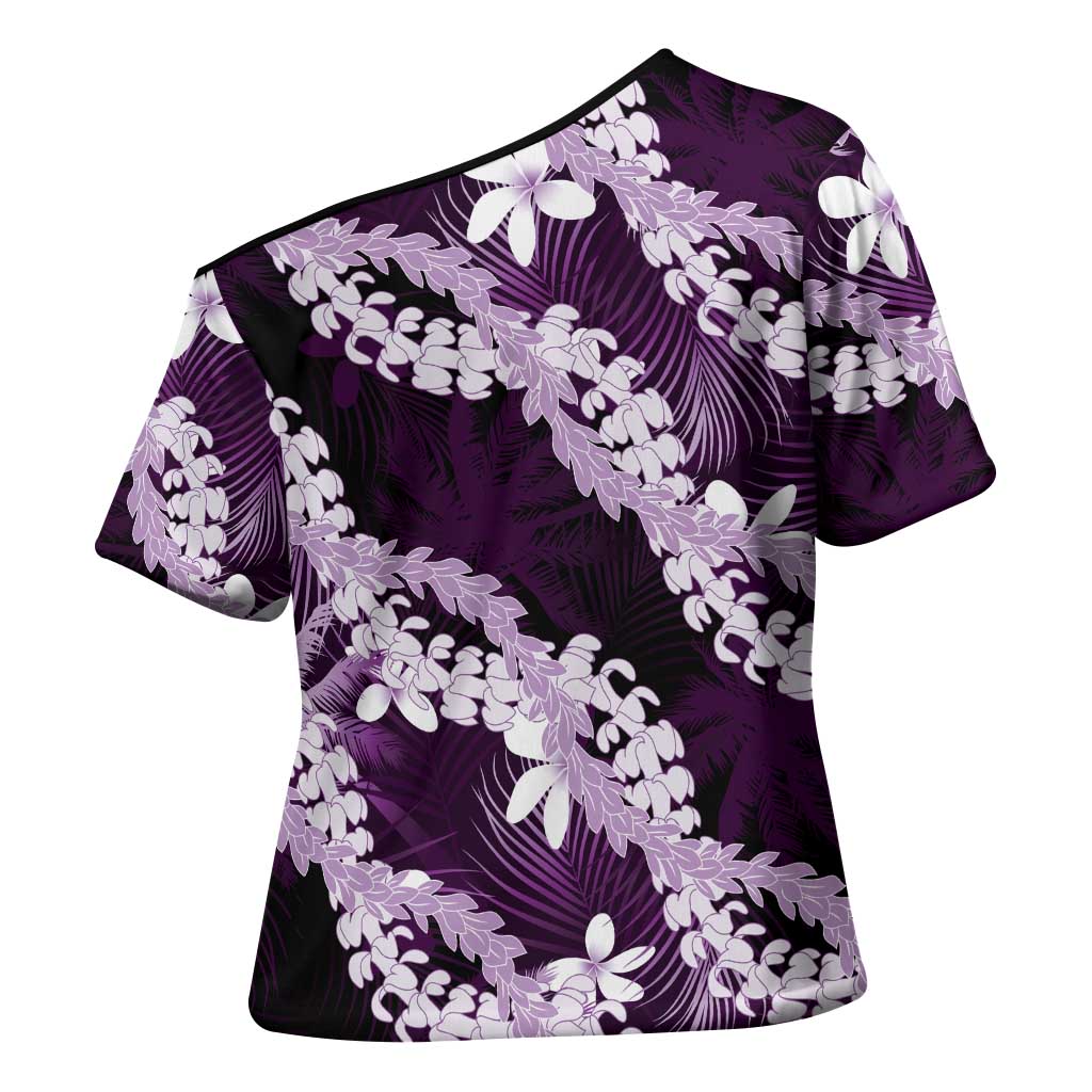Puakenikeni Maile Lei Cross Shoulder Shirt Frangipani Purple Tropical Leaves LT01 - Polynesian Pride