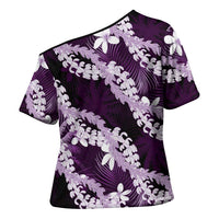 Puakenikeni Maile Lei Cross Shoulder Shirt Frangipani Purple Tropical Leaves LT01 - Polynesian Pride