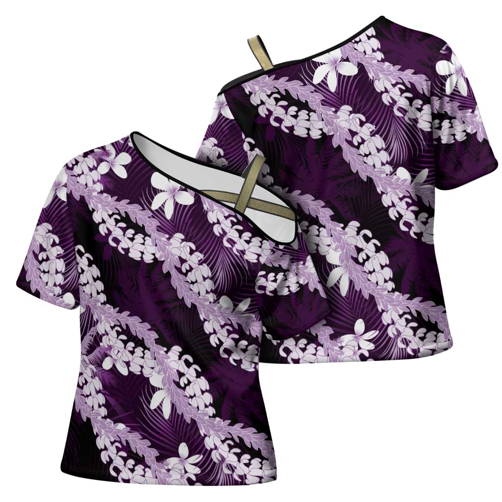 Puakenikeni Maile Lei Cross Shoulder Shirt Frangipani Purple Tropical Leaves LT01 - Polynesian Pride