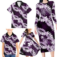 Puakenikeni Maile Lei Family Matching Long Sleeve Bodycon Dress and Hawaiian Shirt Frangipani Purple Tropical Leaves LT01 - Polynesian Pride