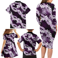 Puakenikeni Maile Lei Family Matching Long Sleeve Bodycon Dress and Hawaiian Shirt Frangipani Purple Tropical Leaves LT01 - Polynesian Pride