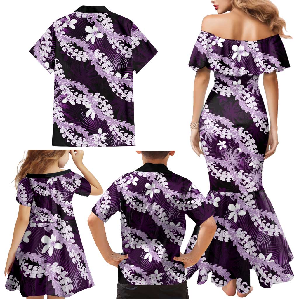 Puakenikeni Maile Lei Family Matching Mermaid Dress and Hawaiian Shirt Frangipani Purple Tropical Leaves LT01 - Polynesian Pride
